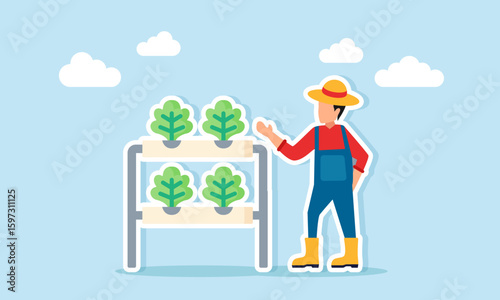 Farmer standing next to hydroponic farming model illustration of modern agricultural technology and farming efficiency