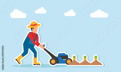 Farmer using grass cutter near farmland illustration of maintaining soil fertility in agricultural field