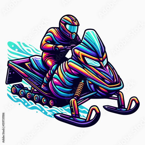 Dynamic graphic of a person piloting a brightly colored snowmobile, seemingly traversing icy water.