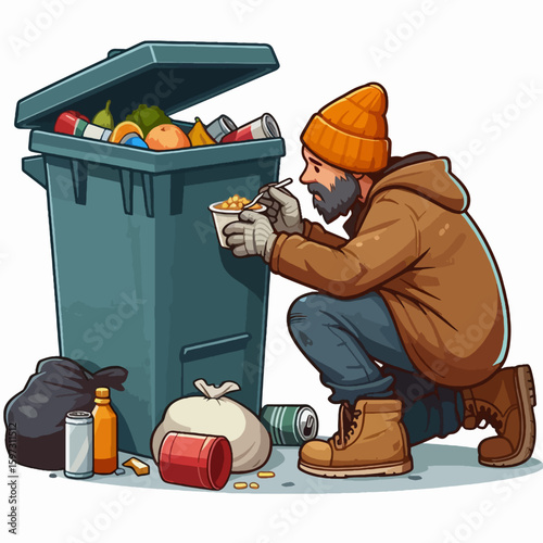 Cartoon character is depicted crouched near a large dumpster, searching for food amidst discarded items.  The figure is dressed in casual clothing and appears to be having a meal.