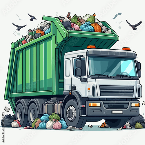 Vibrant cartoon depiction of a refuse truck overflowing with garbage bags, with birds circling overhead.  It showcases the theme of waste disposal.