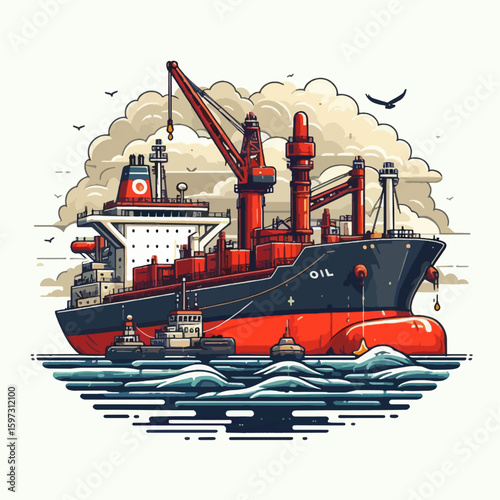 Vibrant, digitally created illustration of a large cargo ship and tugboats in a harbor setting, showcasing a bold design style.