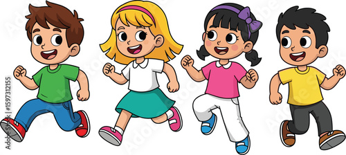 Happy children running outdoors, cartoon kids playing, joyful friends in motion, active fun, vibrant clothing, cheerful expressions, outdoor playtime, youthful energy, colorful characters