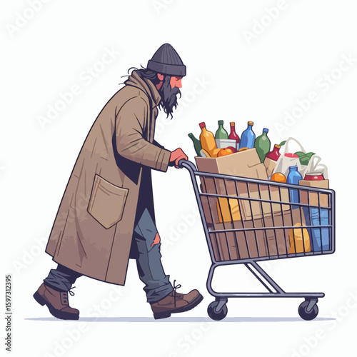 Homeless person is depicted pushing a shopping cart overflowing with various food items, highlighting the challenges of poverty and the need for assistance.