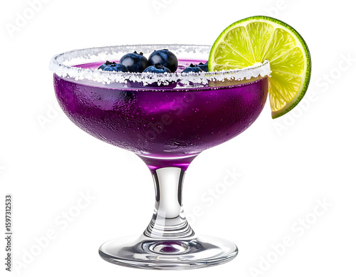 Blueberry Margarita in Salt-Rimmed Glass with Lime, Side View Isolated
