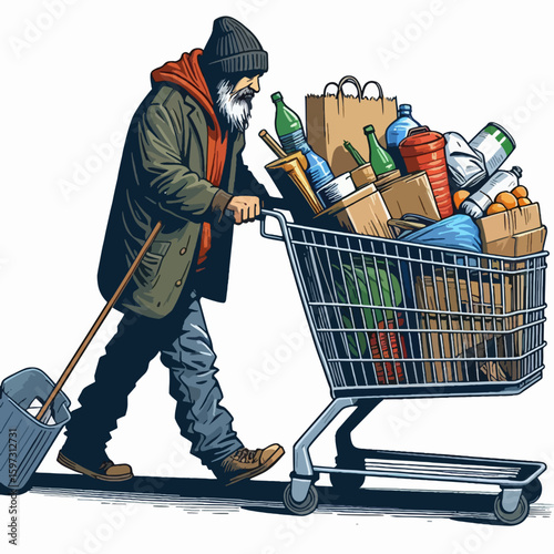 Colorful illustration of a person pushing a heavily laden shopping cart down a street.  The individual appears to be in need of provisions.
