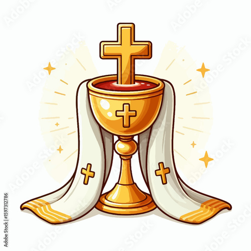 Stylized illustration of a golden chalice, a religious symbol, draped with a white cloth, set against a bright background.