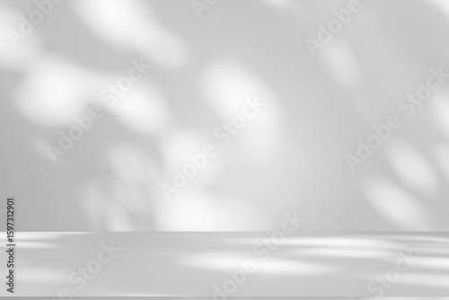 Wall interior background, studio and backdrops show products.with shadow from window color white and grey. background for text insertion and presentation product	
