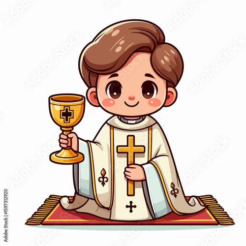 Charming cartoon illustration of a young priest or religious figure in a kneeling posture, holding a golden chalice and wearing religious attire.