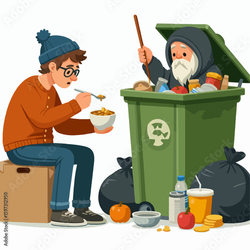 Graphic depiction of a young person eating while an elderly person rummages through a overflowing garbage can, illustrating the stark contrast between plenty and deprivation.