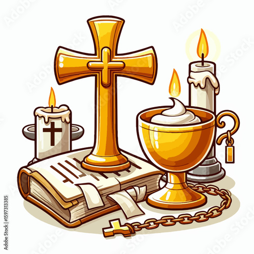 Collection of religious symbols including a cross, candles, and a chalice, arranged on a book,  depicted in a stylized cartoon-like graphic style.