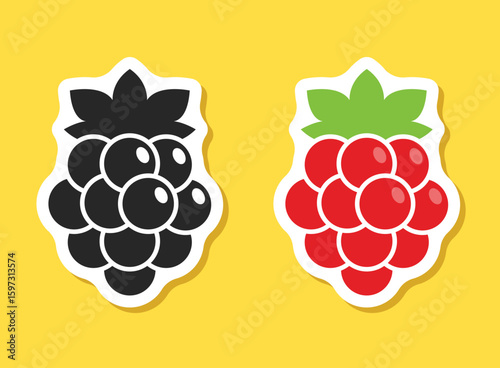 Grape, blueberry, raspberry sticker fruit icon set collection in flat style. Berry vector illustration on isolated background. Nature snack sign business concept.