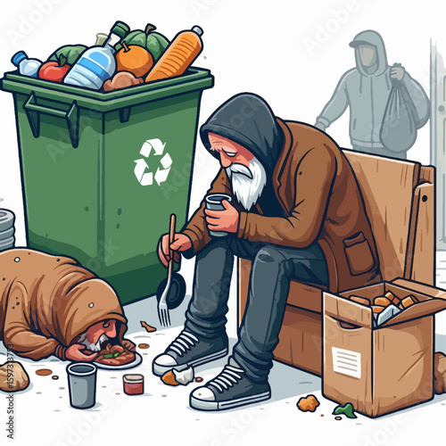 Two elderly figures, clothed in rags, are depicted in a street scene, eating scraps from discarded food in front of a large overflowing bin, signifying poverty and scarcity of resources.