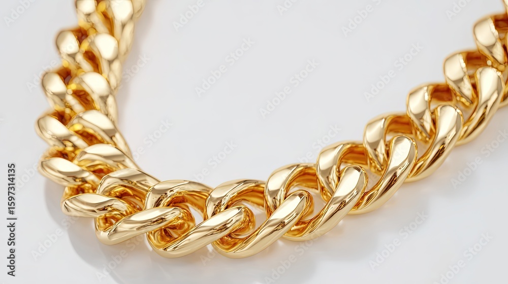 Obraz premium A close-up of a thick, shiny gold chain with interlocking links, displayed on a white surface.