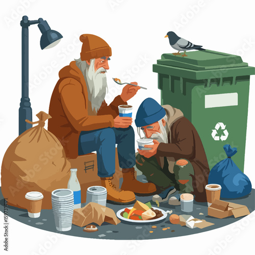 Depiction of two elderly individuals sharing a meager meal amongst discarded containers and trash on a city street.