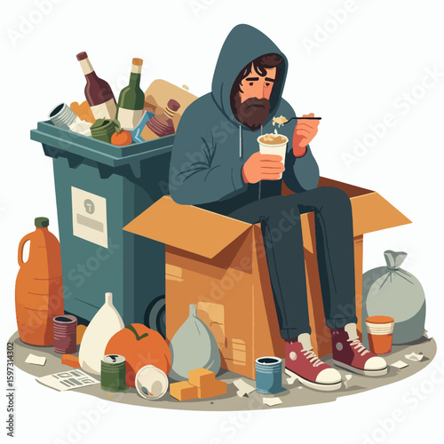 Man sits in a cardboard box, eating a simple meal, surrounded by discarded items and trash.  He appears to be in a state of homelessness.