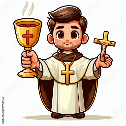 Friendly cartoon depiction of a young clergyman holding a chalice and cross, conveying a sense of faith and religion.