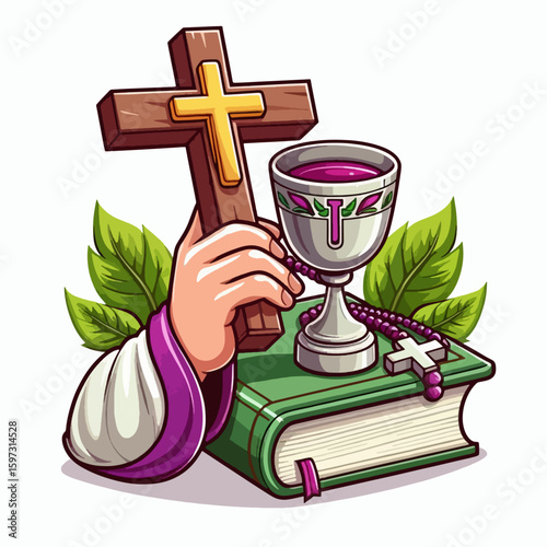 Stylized hand holds a cross and chalice, placed on a book, with religious imagery.