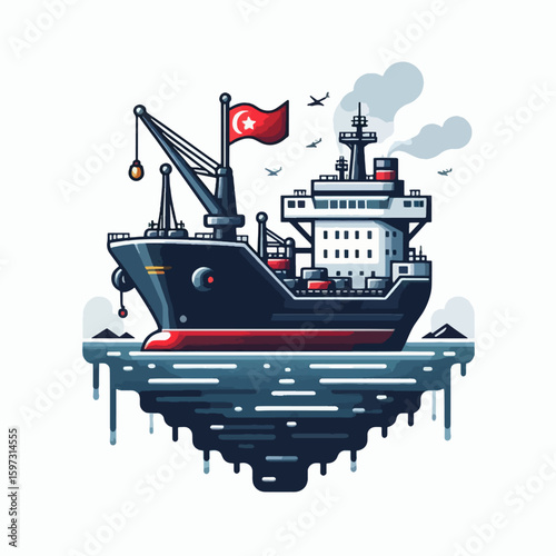 Stylized illustration of a cargo ship hovering over water, accented by design elements such as a flag, and cranes.