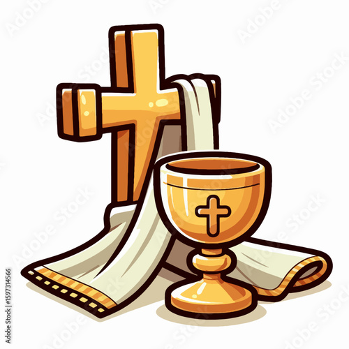 Graphic illustration of a cross, chalice, and cloth,  representing religious symbolism.