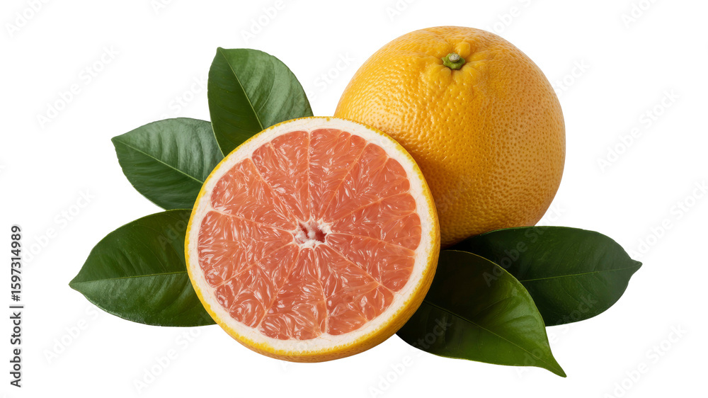 Fototapeta premium Juicy Pink Grapefruit with Leaves - Fresh Citrus Fruit