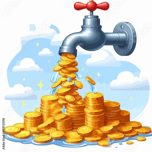 Cartoonish illustration depicts a water faucet pouring gold coins, symbolizing wealth and prosperity.