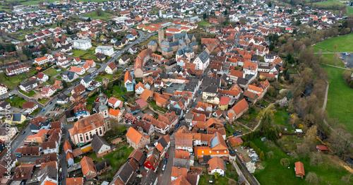 Aerial view around the old town of Steinau an der Straße in Germany on a cloudy autumn day