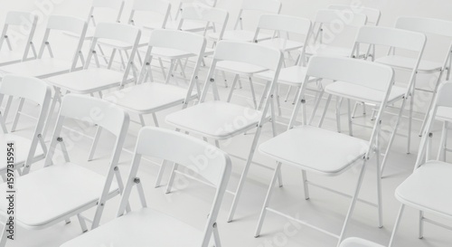 Many white folding chairs in a room