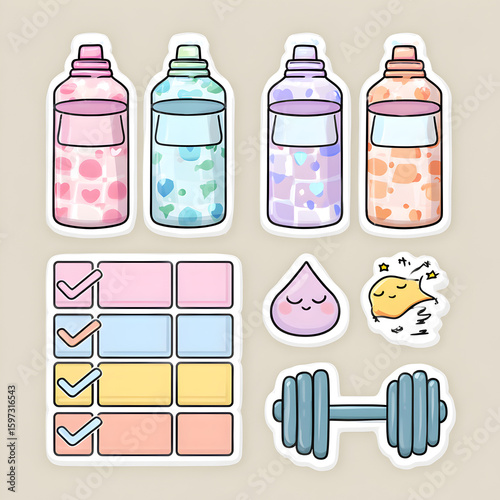 Cute wellness sticker pack featuring hydration tracker icons fitness dumbbell and sleep emoji for daily health routine