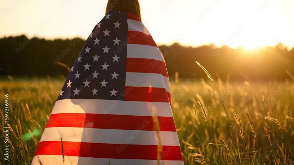 A person standing in a field wrapped in an American flag, back to camera, tall grass swaying, warm sunlight flaring through the sky, golden hour glow, patriotic and emotional atmosphere, shallow depth