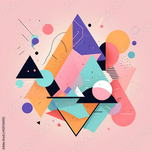 Colorful geometric shapes form a modern abstract composition with a dynamic and playful aesthetic
