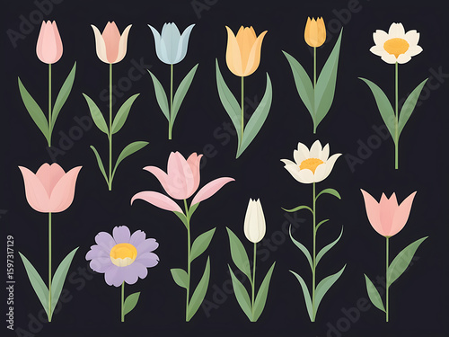 Collection of stylized tulips and daisies in pastel colors, simple and elegant design