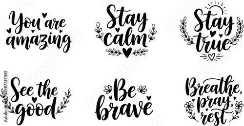 Vector art of set of inspirational handwritten phrases for motivation and wellbeing