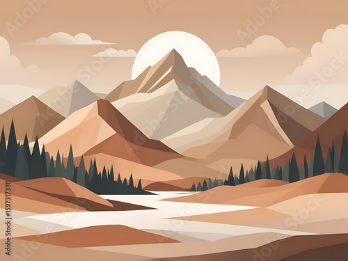 Minimalist mountain landscape with sun and river illustration in muted earth tone colors