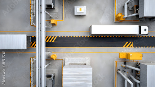 Aerial view of a logistics facility with a white truck navigating through loading zones, surrounded by storage containers and industrial equipment, showcasing transportation operations