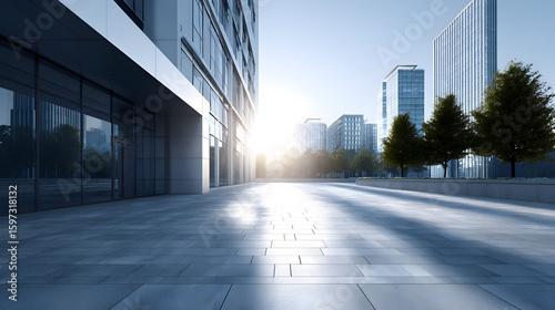 Modern urban landscape featuring sleek buildings and a sunlit plaza with trees, showcasing a vibrant city atmosphere and architectural elegance in the early morning light