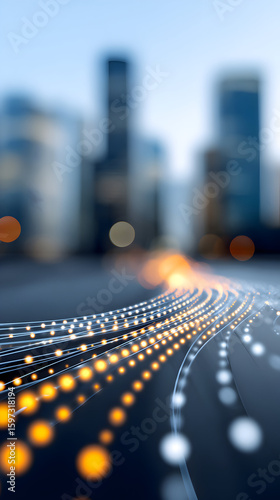 Abstract digital illustration of glowing light trails flowing through a cityscape, showcasing vibrant colors and blurred urban buildings in the background, representing technology and innovation