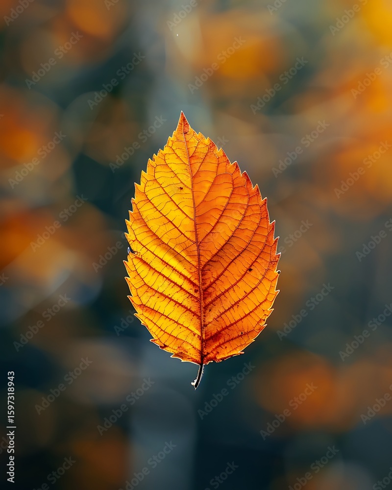Obraz premium Close up of a single vibrant orange leaf with intricate veins against a blurred bokeh background