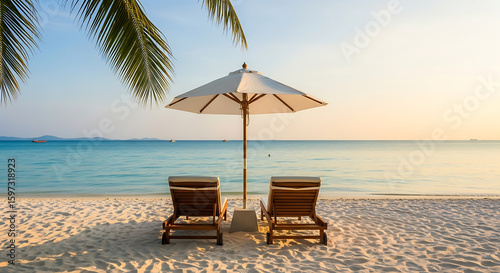 Beach vacation travel destination with lounge chairs and umbrella paradise view