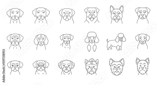 Collection of minimalist dog breed icons featuring various canine portraits in outline style