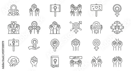 Collection of linear icons representing the feminist movement and female empowerment