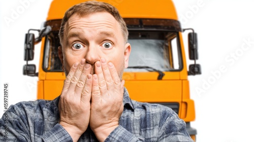 A man with a surprised expression covers his mouth, standing in front of a large orange truck. He seems to have just noticed a critical oversight at a loading dock.
