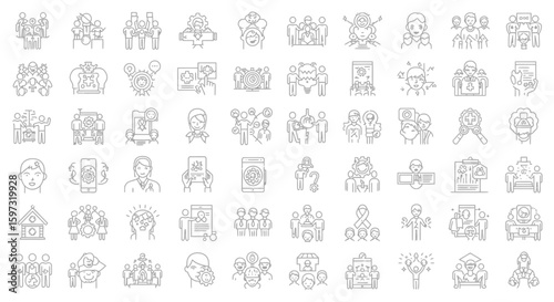 Conceptual vector collection of social issue and human relation line icons set
