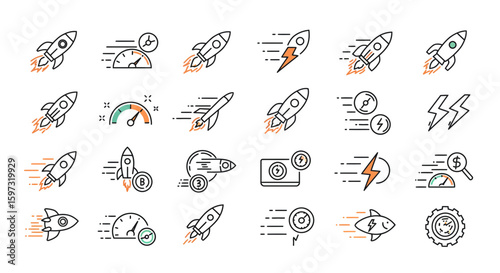 Creative icon set, depicting concepts such as speed, technology, and rapid growth