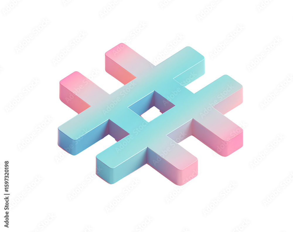 Obraz premium Flat Matte Hashtag Symbol with Pastel Gradient Fill and Drop Shadow, Isometric View, Transparent Background
