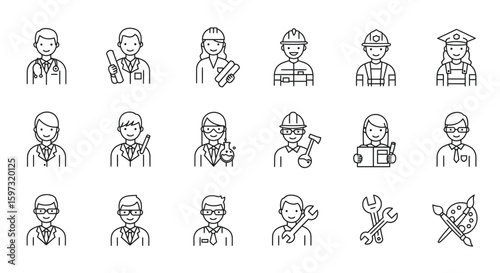 Diverse profession and occupation icons illustrating career paths and skilled workforce