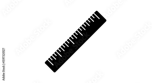 Black Ruler Icon Flat vector icon of a black ruler with white markings, angled on a white background.