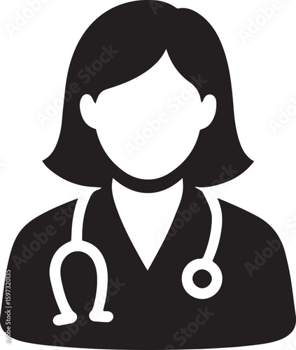 Silhouette vector of a female doctor icon wearing a stethoscope. Perfect for medical, clinic, and healthcare projects.