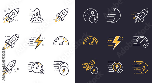 Energetic speed acceleration icons set showcasing power and rapid progress in two theme styles