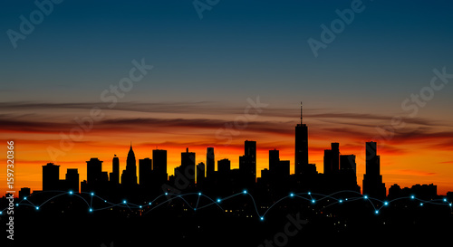 Cityscape silhouette at sunset with glowing network clouds